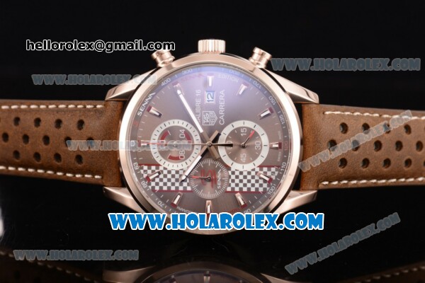 Tag Heuer Carrera Calibre 16 Senna Special Edition Chrono Miyota Quartz Rose Gold Case with Brown Dial and Stick Markers - Click Image to Close